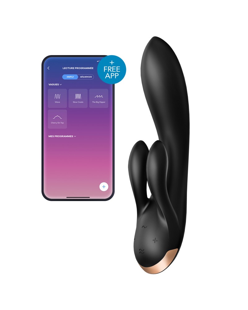 Vibro Rabbit connecté Double Flex Satisfyer 20cm Noir Vibro Rabbit connecté Double Flex Satisfyer 20cm Noir