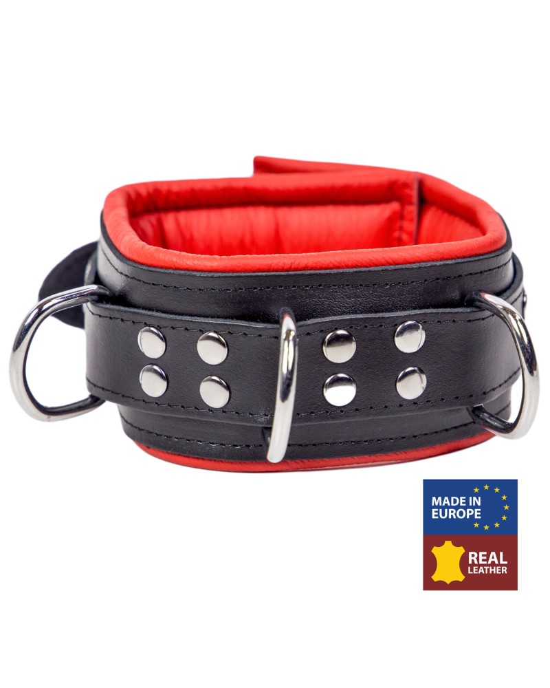 Collier en cuir rembourré avec 3 anneaux D Rouge Collier en cuir rembourré avec 3 anneaux D Rouge