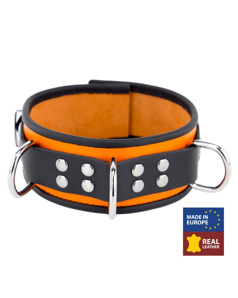 Collier en cuir 3 Anneaux D Orange-Noir Collier en cuir 3 Anneaux D Orange-Noir