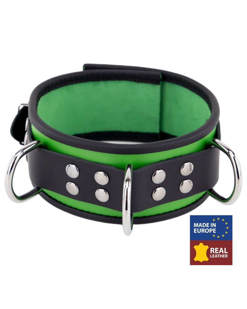 Collier en cuir 3 Anneaux D Vert-Noir Collier en cuir 3 Anneaux D Vert-Noir
