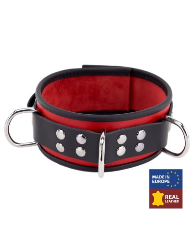 Collier en cuir 3 Anneaux D Rouge-Noir