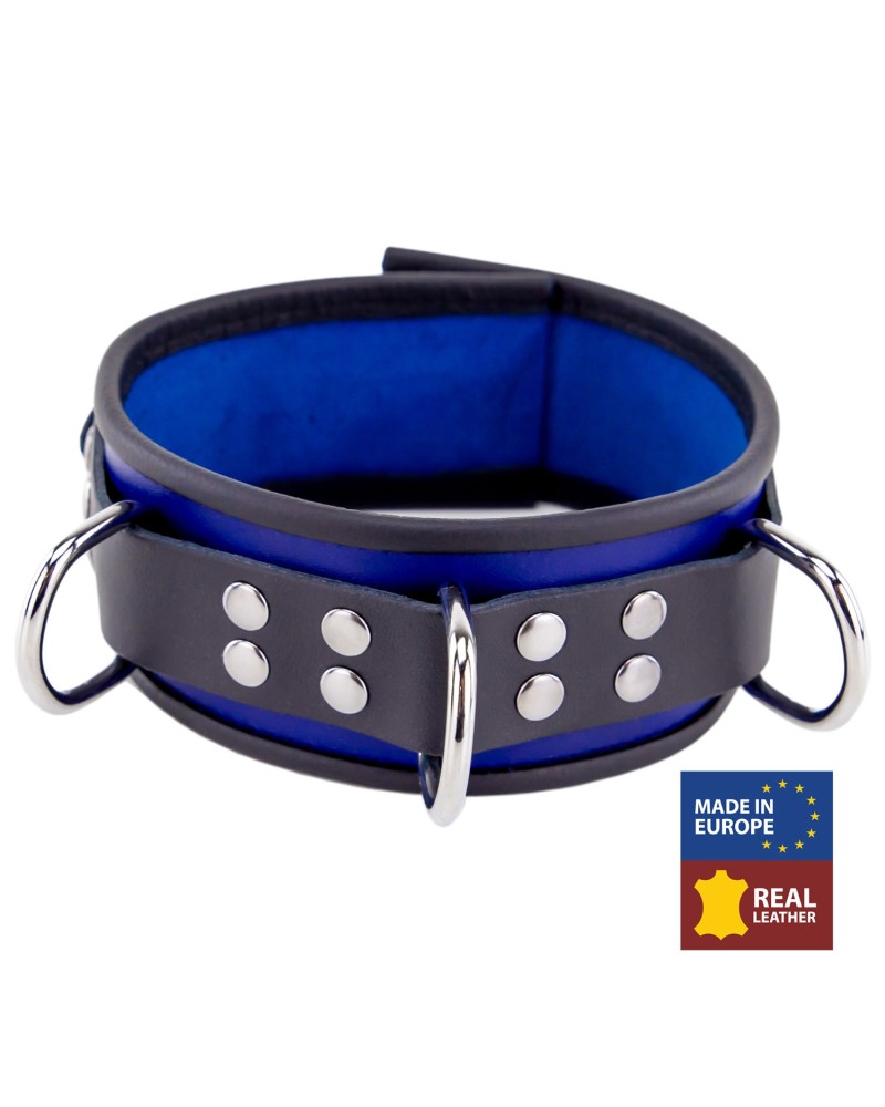 Collier en cuir - 3 anneaux D - Bleu/Noir Collier en cuir - 3 anneaux D - Bleu/Noir