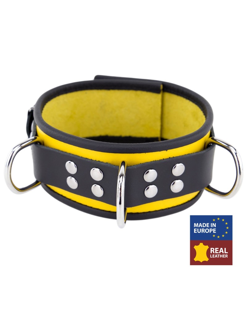 Collier en cuir 3 Anneaux D Jaune-Noir