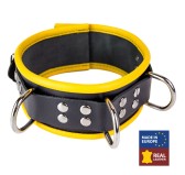 Collier en cuir - 3 anneaux D - Noir/ Jaune