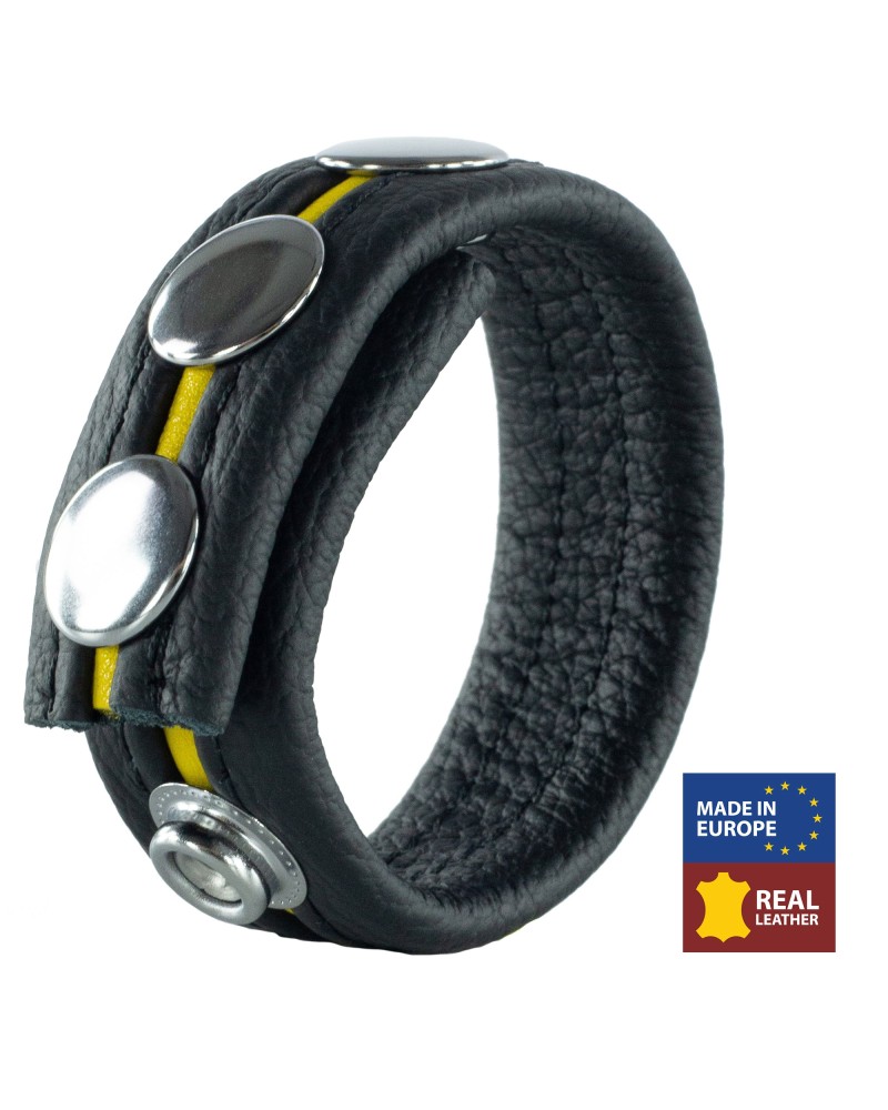 Cockring en cuir 3 Pressions Noir-Jaune