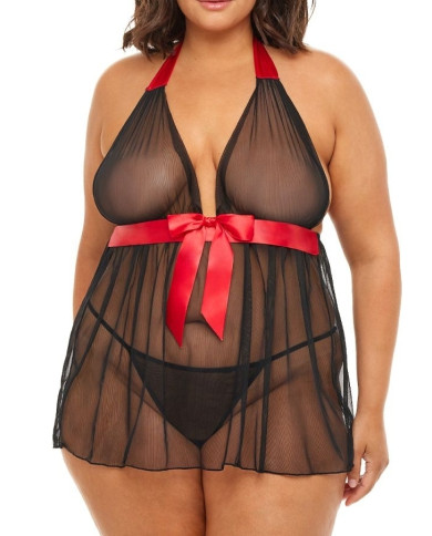 Nuisette PENELOPE Noire Ruban Rouge Grande Taille